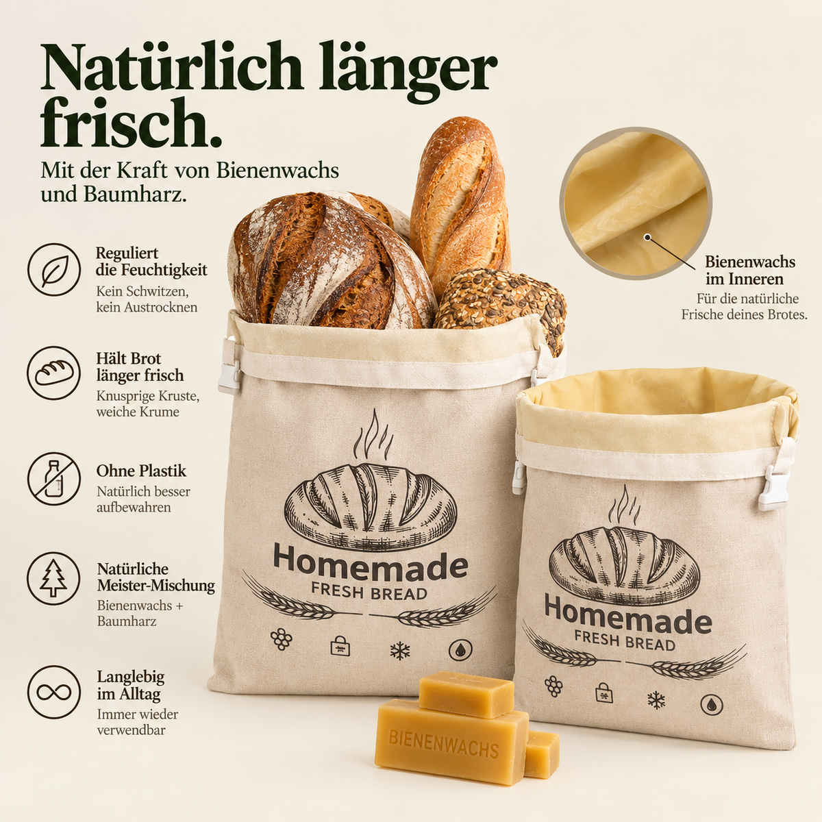 Bienenwachs Brotbeutel, der Brot bis zu 3× länger frisch hält