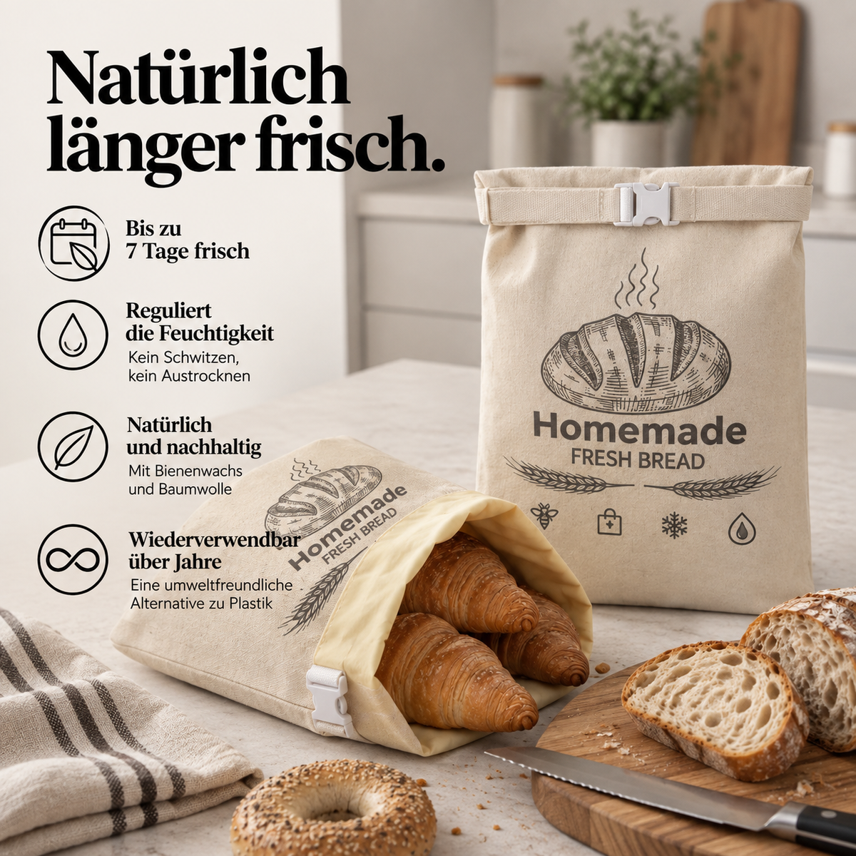 Bienenwachs Brotbeutel, der Brot bis zu 3× länger frisch hält