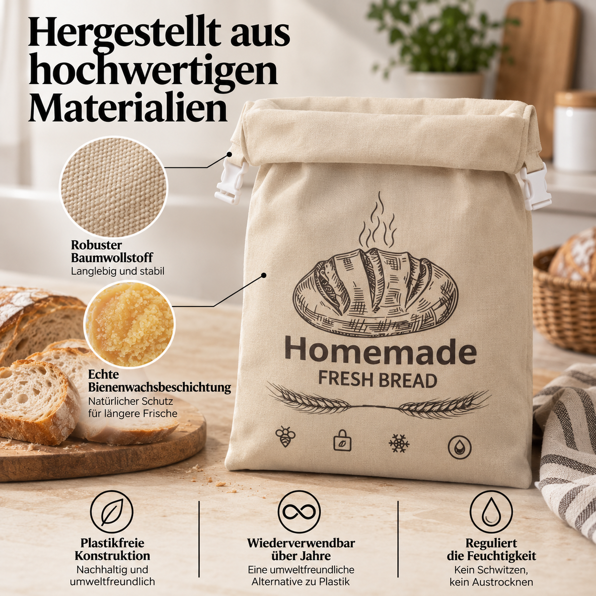 Bienenwachs Brotbeutel, der Brot bis zu 3× länger frisch hält