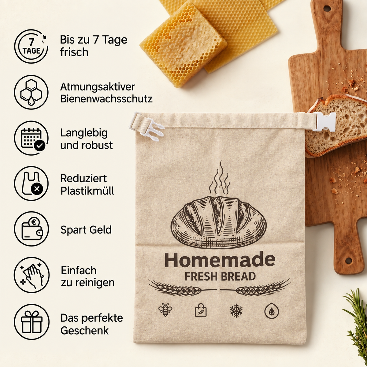 Bienenwachs Brotbeutel, der Brot bis zu 3× länger frisch hält